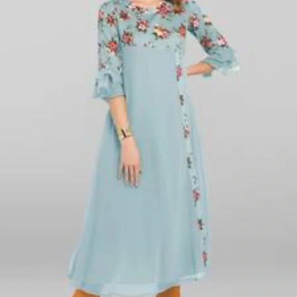 Floral Embroidered Blue Dress - Picture 1 of 7
